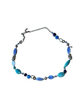Premier Designs Blue Turquoise Beaded Necklace Purple Silver Tone 24" Cira 2010